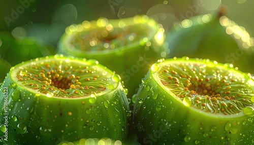 Close Up of Sliced Green Figs with Glistening Water Droplets in Sunlight
