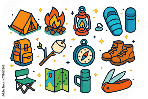 Colorful Camping Icons. Camping. Colorful isometric vector icons set of camping: tent, campfire, lantern, sleeping bag, backpack, marshmallow stick, compass,