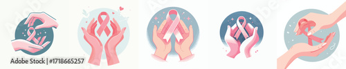 Hands Holding Pink Ribbon – Breast Cancer Awareness Support and Solidarity Illustration
