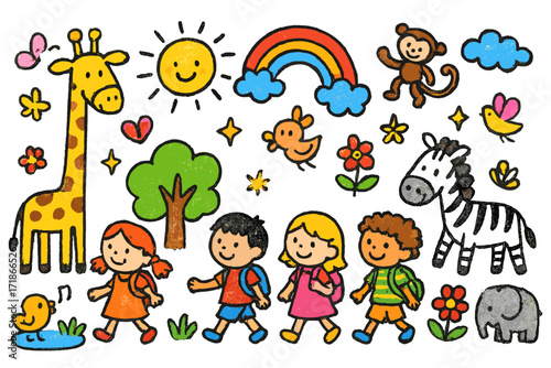 Children's Sanctuary Adventure. Colorful Hand-drawn doodle Children illustration Walking Through the Sanctuary children walking, giraffe, elephant, zebra,