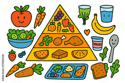 Healthy Eating Doodles. Colorful Hand-drawn doodle Children illustration Healthy eating food pyramid, apple, bowl of salad, carrots, yogurt cup, berries, lunch