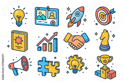 Entrepreneur Icon Set. Colorful isometric vector icons set of entrepreneurial mindset: lightbulb moment, vision board, startup rocket, target with arrow,