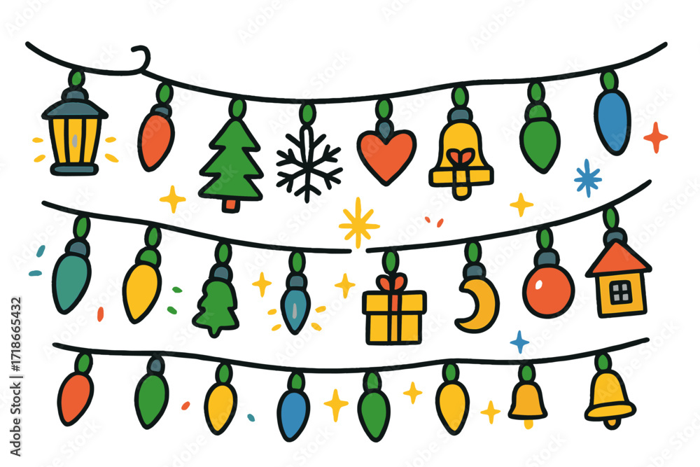 Naklejka premium Festive Holiday Doodles. Festive lights. Colorful Hand-drawn doodle Children illustration string lights, lantern, star, Christmas tree, snowflake, sparkle,