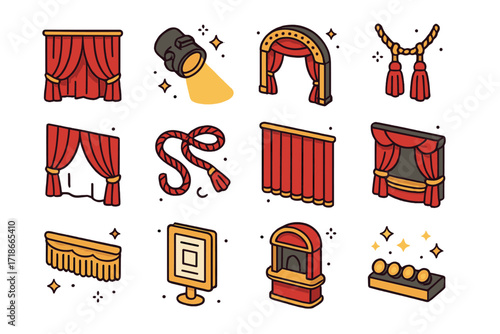 Isometric Theater Icons. Colorful isometric vector icons set of theater curtains and stage details: red velvet curtain, spotlight beam, stage arch, tassel