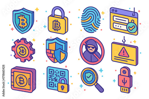 Bitcoin Security Icons. Colorful isometric vector icons set of bitcoin security and protection: bitcoin under shield, padlock with bitcoin, fingerprint access,