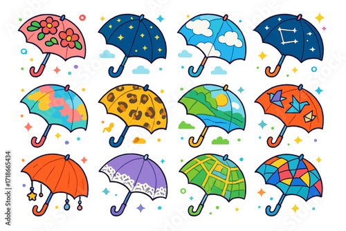 Artistic Umbrella Icon Set. Colorful isometric vector icons set of artistic and decorative umbrellas: umbrella with flower prints, umbrella with LED lights,