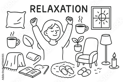 Cozy Relaxation Icons. Relaxation. Hand-drawn doodle illustration relaxation stretching arms, closed eyes, cup of tea, pillow, blanket, chair, lamp, candle,