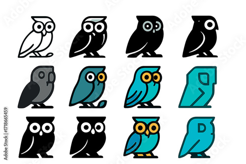 Greek Owl Logo Collection. Set Logo of Animals as Symbols of Cultural Significance: Greek Owl of Wisdom. Logo set in vector style, emblematic variations. line,
