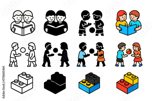 Childhood Togetherness Icons. Icon Set of Childhood togetherness: siblings reading a book, playing ball, building blocks. Icons set in vector style, emblematic