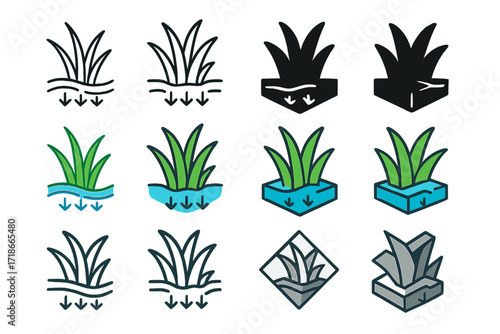 Wetland Filtration Logos. Set Logo of Water Filtration: Wetland grass filtering runoff. Logo set in vector style, emblematic variations. line, bold thick line,