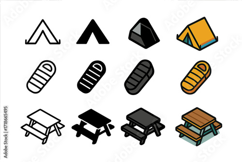 Shelter Icon Set. Icon Set of Shelter and Rest: Tent, Sleeping bag, Picnic table. Icons set in vector style, emblematic variations. Tent line, Tent solid black