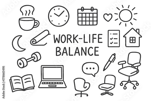 Work-Life Balance Doodles. Hand-drawn doodle illustration Work-life balance [clock, coffee cup, yoga mat, calendar, heart icon, checklist, sun, home icon,