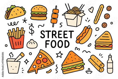 Vibrant Street Food Doodles. Street food. Hand-drawn doodle illustration street food taco colored, burger, kebab colored, noodles box, hot dog colored, fries,