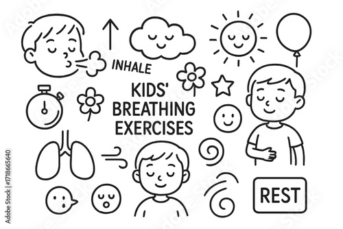 Kids Breathing Doodle. Hand-drawn doodle illustration kids breathing exercises cartoon face, breath cloud, hand on belly, balloon, happy sun, inhale arrow,