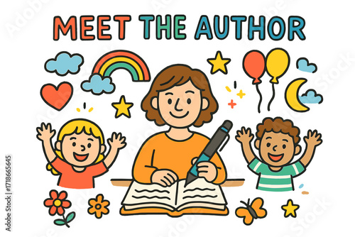 Joyful Author Meet-Up. Colorful Hand-drawn doodle Children illustration Meet the Author author smiling, pen, open book, table, children waving, heart, rainbow,