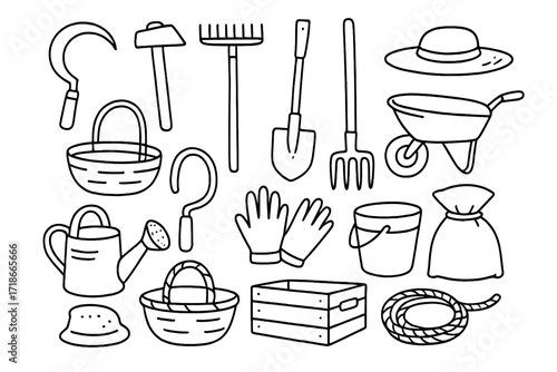 Farm Tools Doodle. Farm tools for harvesting. Hand-drawn doodle illustration farm tools sickle, hoe, rake, shovel, pitchfork, wheelbarrow, watering can,