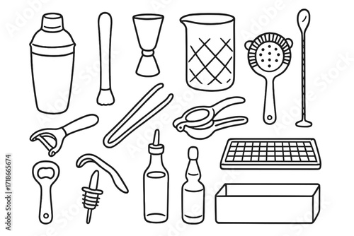 Bartending Tools Doodles. Bartender tools. Hand-drawn doodle illustration bartender tools shaker, muddler, jigger, strainer, mixing glass, bar spoon, garnish
