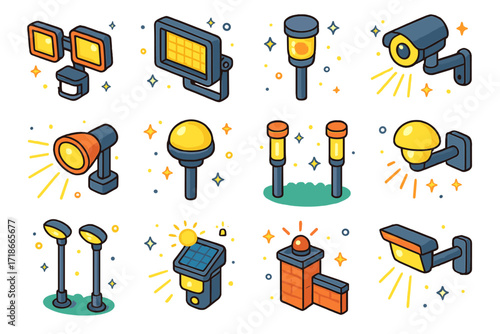 Garden Lighting Icons. Colorful isometric vector icons set of garden lighting for security: motion sensor spotlight, floodlight, infrared garden light,