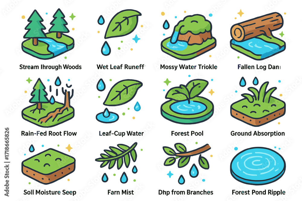 Obraz premium Aquatic Forest Icons. Colorful isometric vector icons set of Aquatic Flow in Forests: stream through woods, wet leaf runoff, mossy