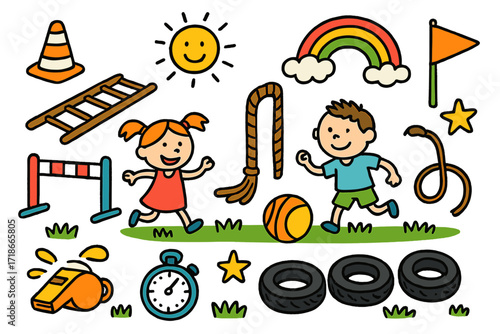 Playful Obstacle Course. Colorful Hand-drawn doodle Children illustration obstacle course cones, ladder, hurdle, rope, tires, ball, whistle, stopwatch, flag,