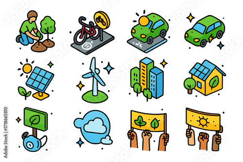 Isometric Eco Icons. Colorful isometric vector icons set of clean air advocacy: tree planting, bicycle lane, electric car, solar panel, wind turbine, eco city,