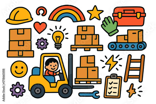 Playful Warehouse Doodles. Colorful Hand-drawn doodle Children illustration Warehouse Forklift Work [forklift, pallet, stacked boxes, conveyor belt, toolbox,