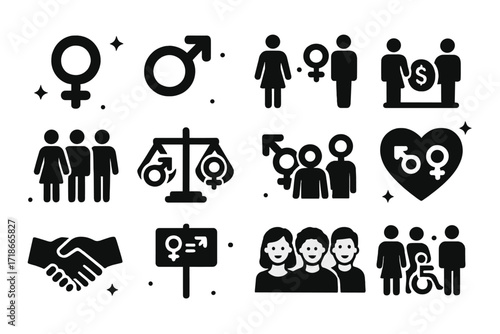 Gender Equality Icons. Gender Equality. Solid icons set of female symbol, male symbol, gender-neutral symbol, equal pay, diverse workplace, balance scale,