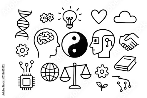 AI and Humanity Balance. Hand-drawn doodle illustration AI and humanity balance human head, robot head, yin yang, DNA strand, gears, brain, light bulb, heart,
