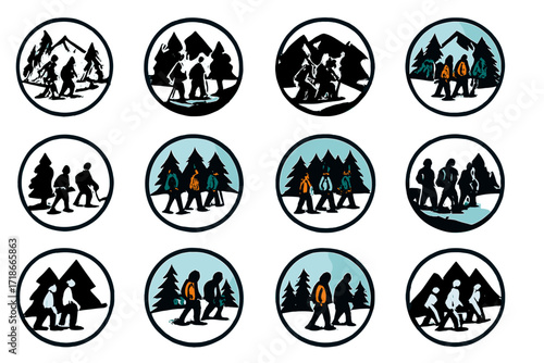 Snowshoe Forest Logo. Set Logo of people walking in a snowy forest: group with snowshoes in forest. Logo set in vector style,