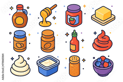 Isometric Breakfast Condiments. Colorful isometric vector icons set of breakfast condiments and toppings: maple syrup, honey drizzle, strawberry jam, butter