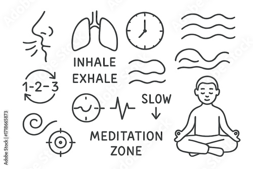 Deep Breathing Techniques Icons. Hand-drawn doodle illustration deep breathing techniques nose, lungs, inhale arrow, exhale arrow, clock, chest icon, gentle