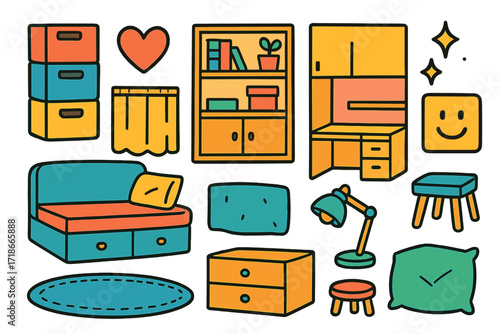 Colorful Children's Room Design. Colorful Hand-drawn doodle Children illustration Modular room design stackable bins, bookshelf, sofa bed, fold-out desk, wall