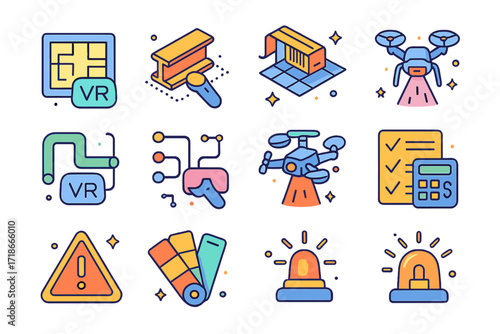 Construction VR Icons Set. Colorful isometric vector icons set of Construction Planning in VR: floorplan layer, beam placement tool, pipe routing view, HVAC