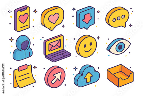 Digital Confession Icons. Colorful isometric vector icons set of digital confessions: smartphone screen, chat bubble with heart,