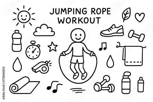 Jump Rope Essentials. Hand-drawn doodle illustration Jumping rope workout [jump rope, sneakers, stopwatch, water bottle, dumbbell, whistle, sweat droplet,