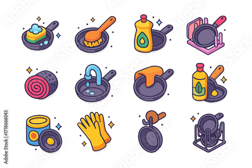 Frying Pan Care Icons. Colorful isometric vector icons set of frying pan cleaning and maintenance: soapy sponge, cleaning brush, dishwashing liquid, drying