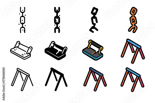 Old Swing Icon Set. Icon Set of Old Swings: Rusty swing chain, Broken swing seat, Tilted swing frame. Icons set in vector style,