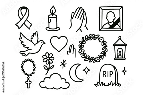 Mourning Symbols Collection. Hand-drawn doodle illustration Mourning customs black ribbon, candle, dove, heart, prayer hands, photo frame, rosary, flower,