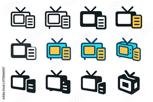 TV Production Logo Variations. Set Logo of TV Production Scheduling: Show Queue List. Logo set in vector style, emblematic variations. line, bold thick line,