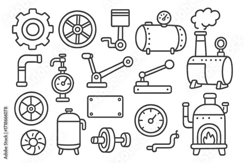 Steampunk Machinery Doodles. Hand-drawn doodle illustration Steam-powered machinery [gear, flywheel, piston, boiler, smokestack,