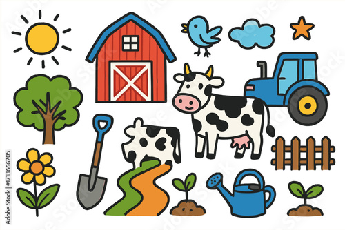 Rural Doodle Scene. Rural life. Colorful Hand-drawn doodle Children illustration barn, road, tractor, fence, tree, flower, sun, cloud, bird, cow, shovel,