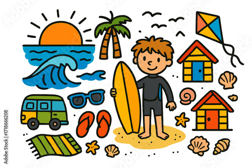 Surfer Sunset Doodles. Colorful Hand-drawn doodle Children illustration [Surfer?s beach sunset] [sunset, surfboard, wave, palm tree, wetsuit, beach shack,