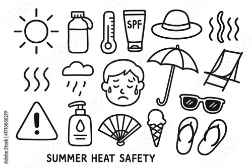 Summer Heat Essentials. Hand-drawn doodle illustration Summer heat safety [sun, hydration bottle, thermometer, hat, SPF cream, umbrella, heat wave icon,