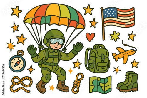 Parachutist Adventure Doodle. Military parachutist. Colorful Hand-drawn doodle Children illustration parachute, helmet, goggles, boots, gloves, flag, star,