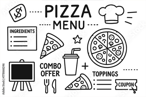Pizza Menu Doodle. Hand-drawn doodle illustration Pizza menu design [pizza icon, price tag, ingredients, slice, full pizza, dotted lines, chef hat, combo