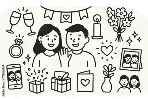 Engagement Celebration Icons. Hand-drawn doodle illustration engagement celebration couple glass toast, engagement ring, happy faces, heart banner, bouquet,