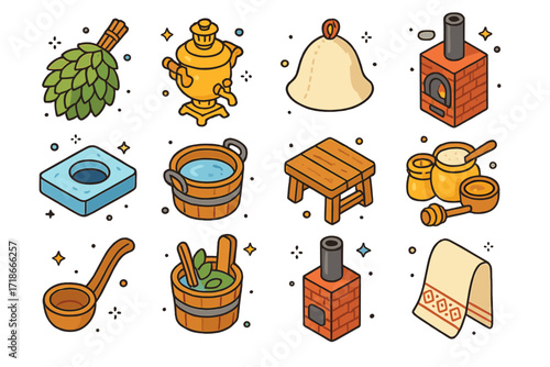 Russian Banya Icons. Colorful isometric vector icons set of Russian banya experience: birch venik, samovar teapot, felt sauna cap, wood-fired stove, ice hole