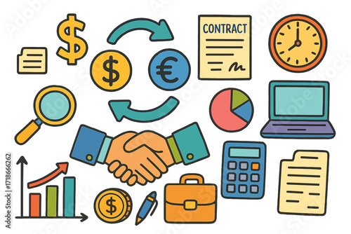 Finance Doodle Icons. Colorful Hand-drawn doodle Children illustration Swaps in finance [two arrows in a circle, dollar sign, euro sign, contract paper,