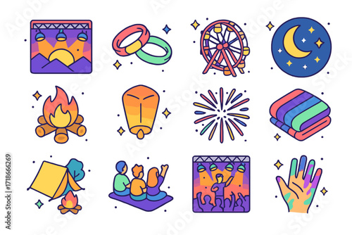 Festival Night Isometric Icons. Colorful isometric vector icons set of sunset and night vibes at the festival: sunset stage lights, glowing wristbands,
