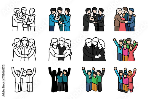 Wedding Celebration Icons. Icon Set of Wedding celebration: newlyweds hug with guests, family embrace, friends group cheer. Icons